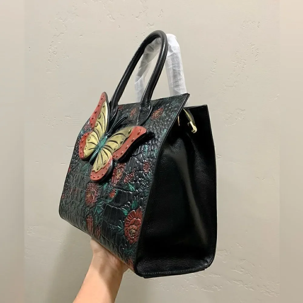 Hand Painted Genuine Leather Floral Embossed with 3D Butterfly Handbag